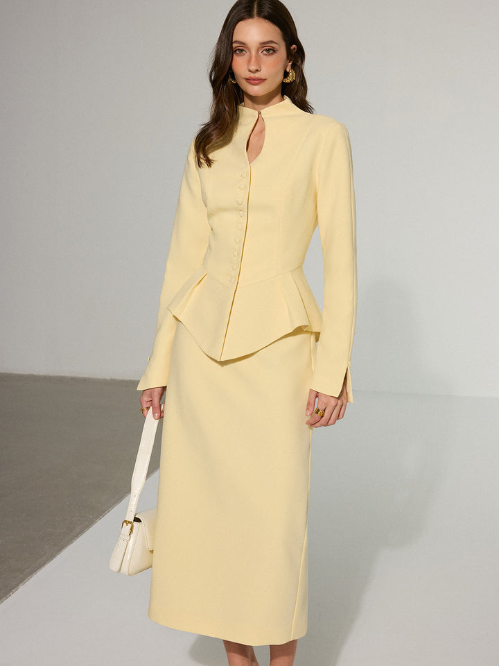 Anahtar Delik Yaka Düğmeli Ön Peplum Ceket