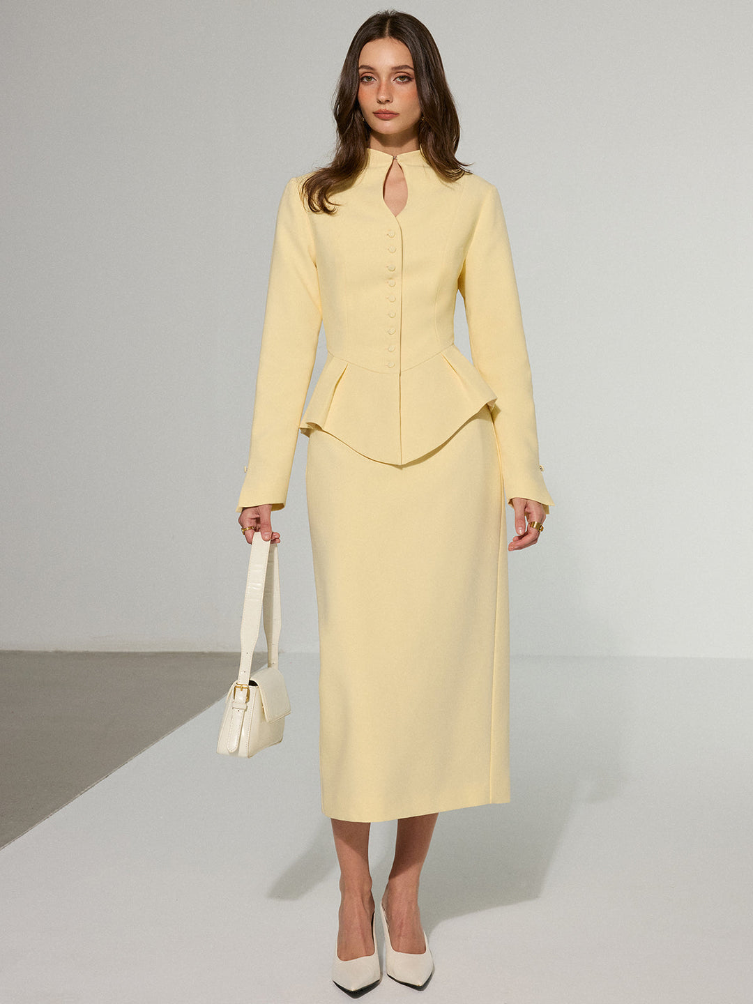 Anahtar Delik Yaka Düğmeli Ön Peplum Ceket