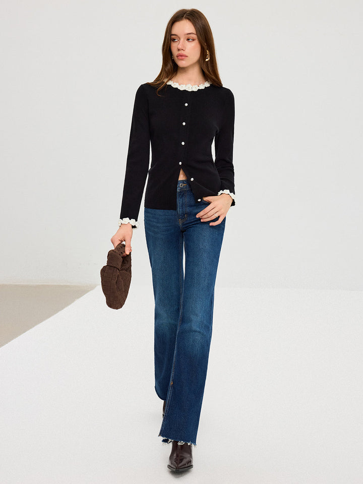 Кардиган с 3D флорални декорации и перлени копчета 