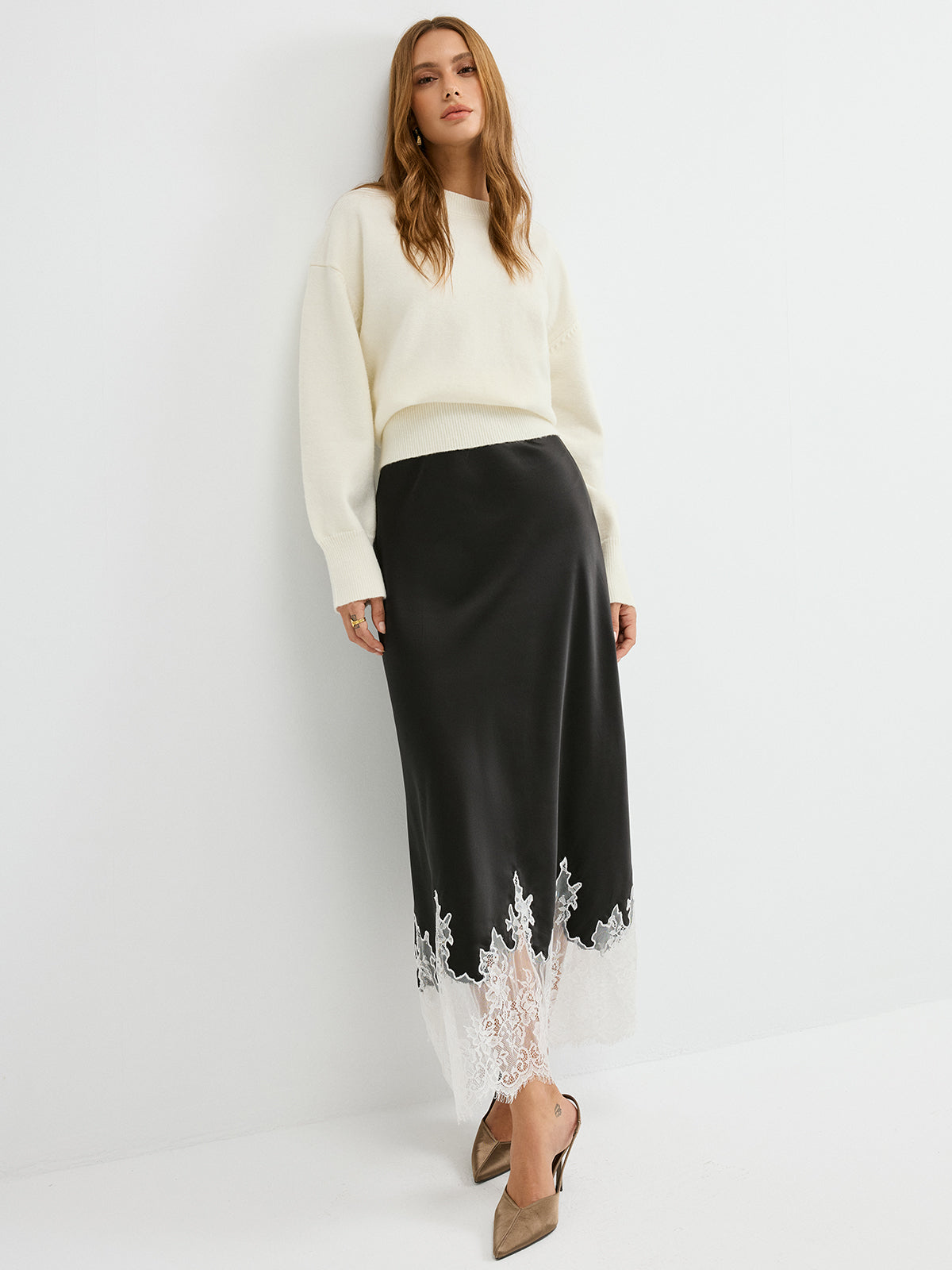 Lace Hem Satin Maxi Skirt in Black — Svelte Chic