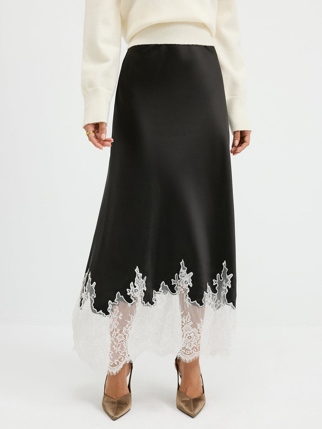 Lace Hem Satin Maxi Skirt — Svelte Chic