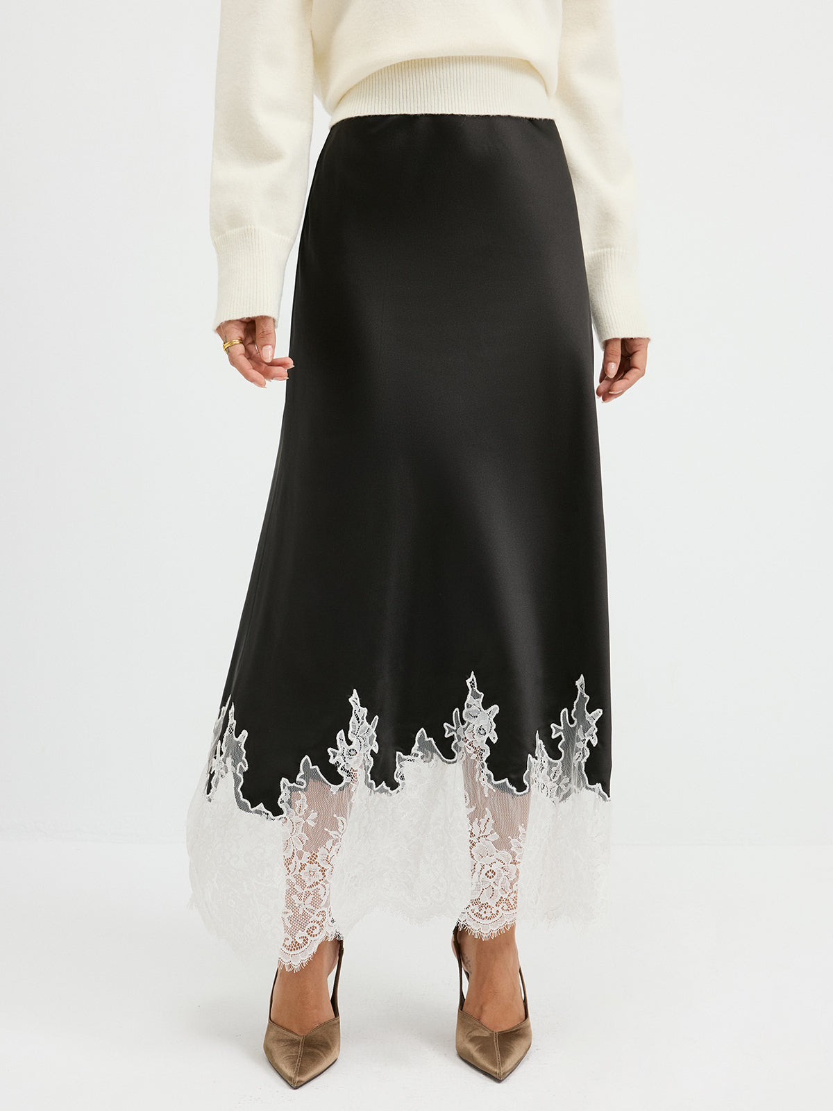Lace Hem Satin Maxi Skirt — Svelte Chic