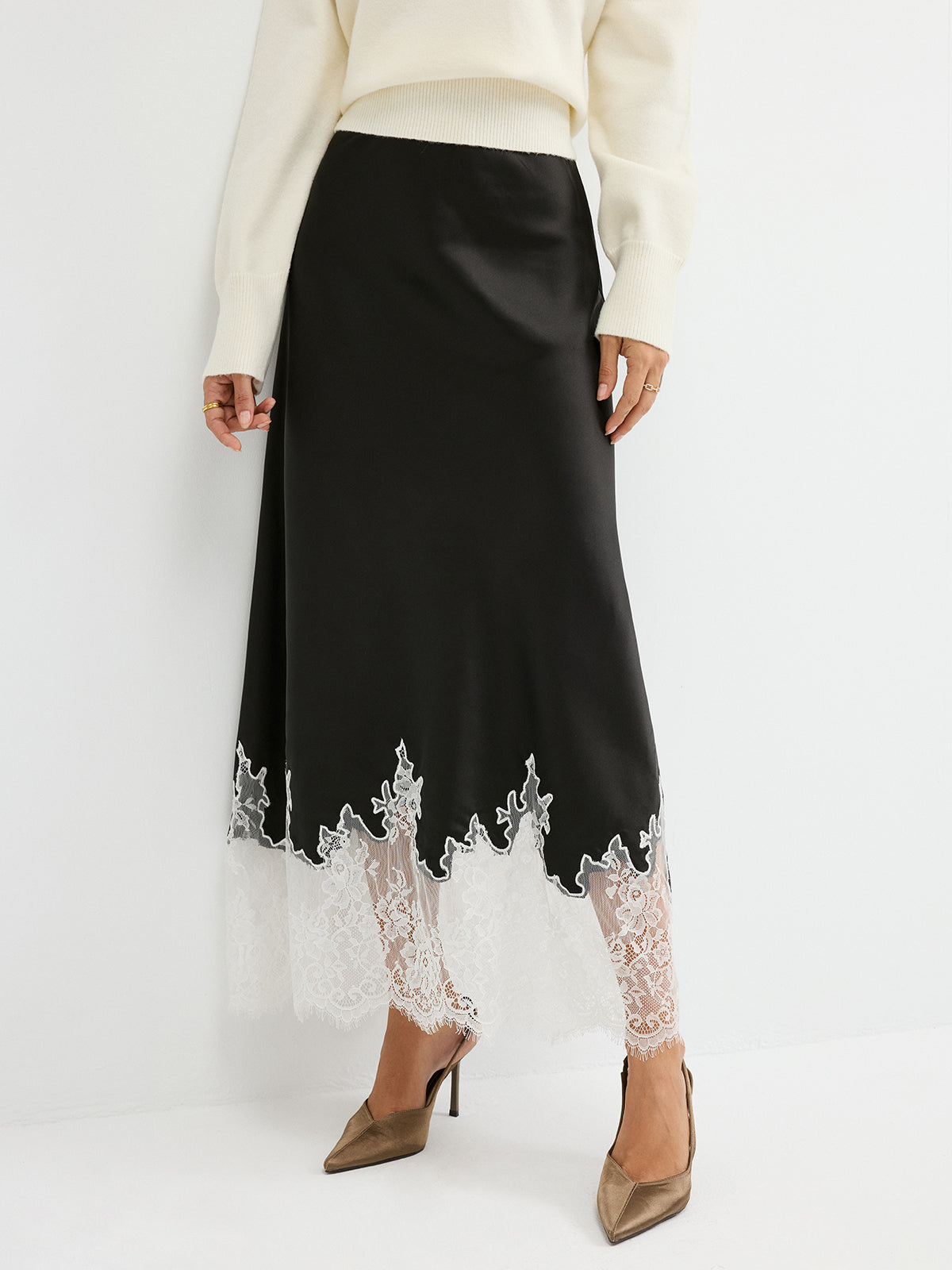 Lace Hem Satin Maxi Skirt — Svelte Chic