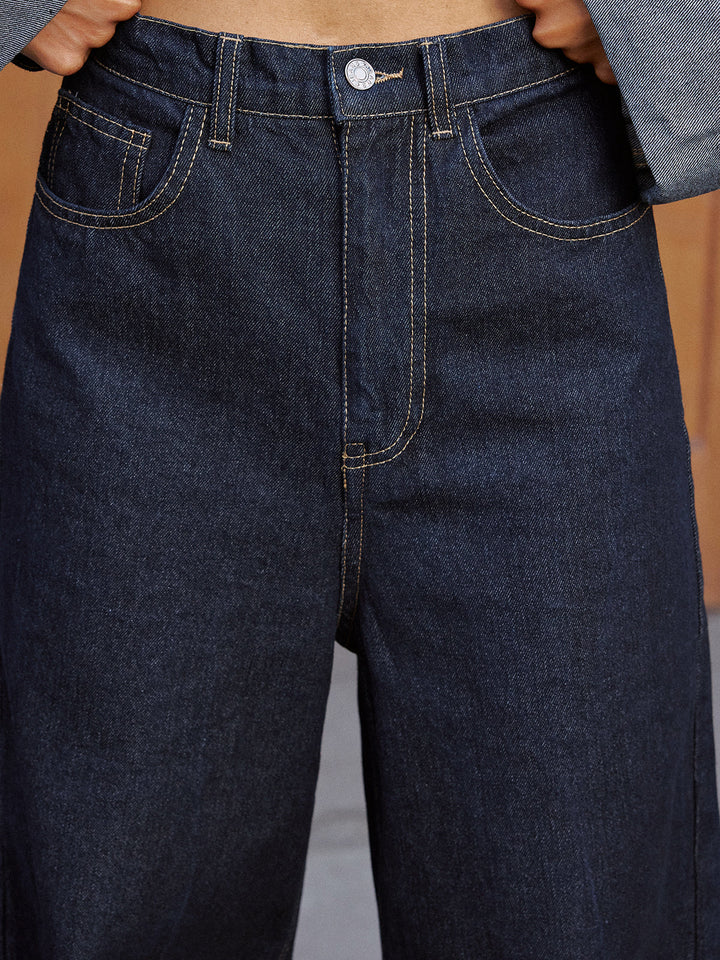 Yüksek Bel Paça Katlamalı Bol Paça Kot Pantolon