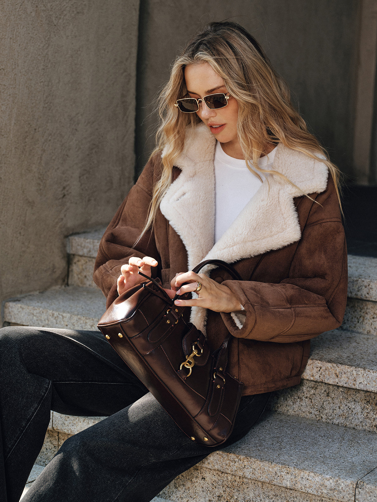 Fleece Lined Lapel Coat in Dark Brown — Svelte Chic