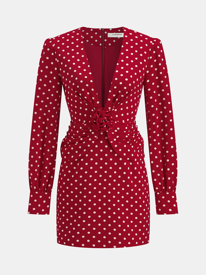 Puantiye Desenli Kurdeleli Üst ve Etek Takımı