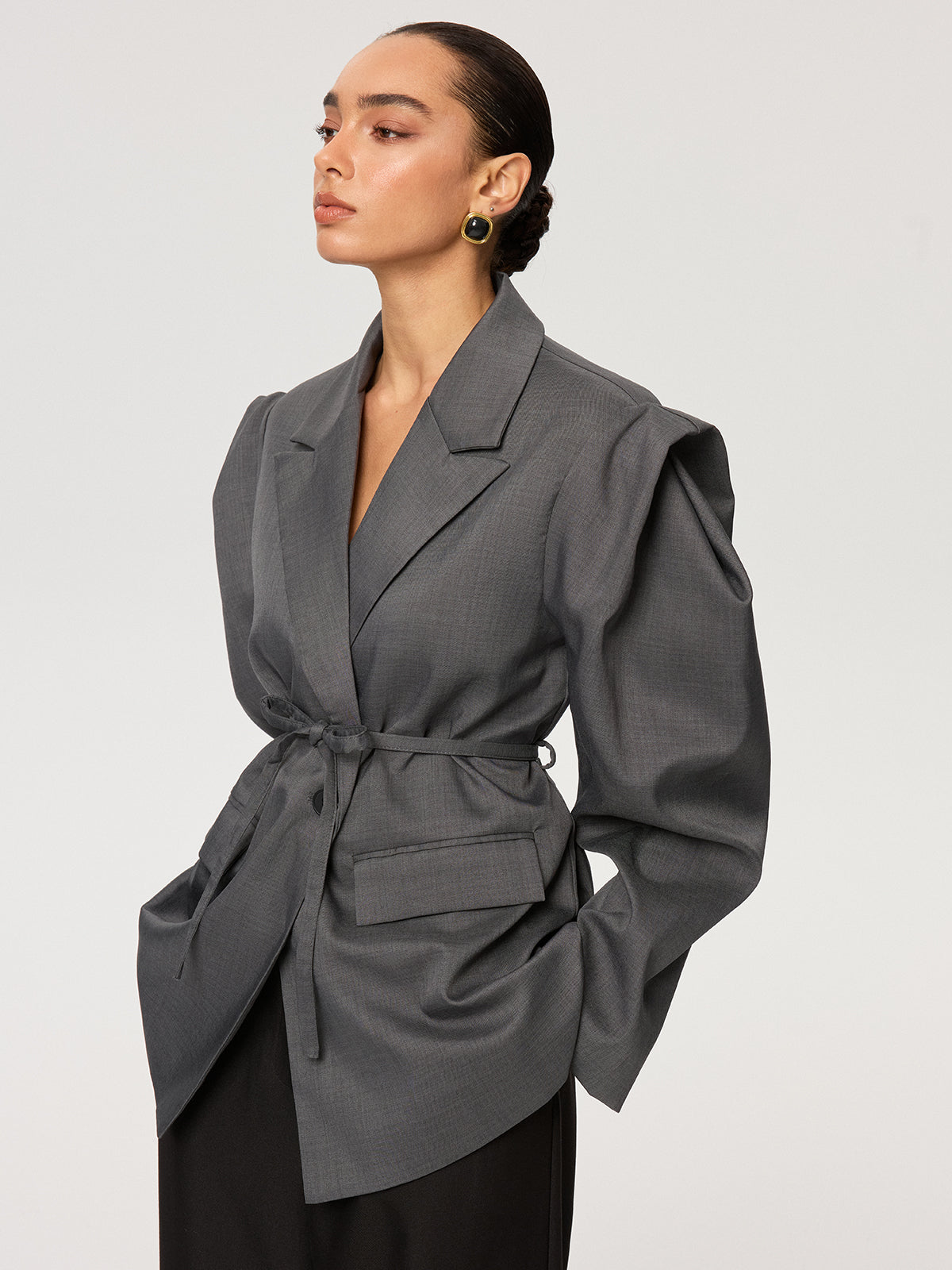 Tie Belt Blazer in Grey — Svelte Chic