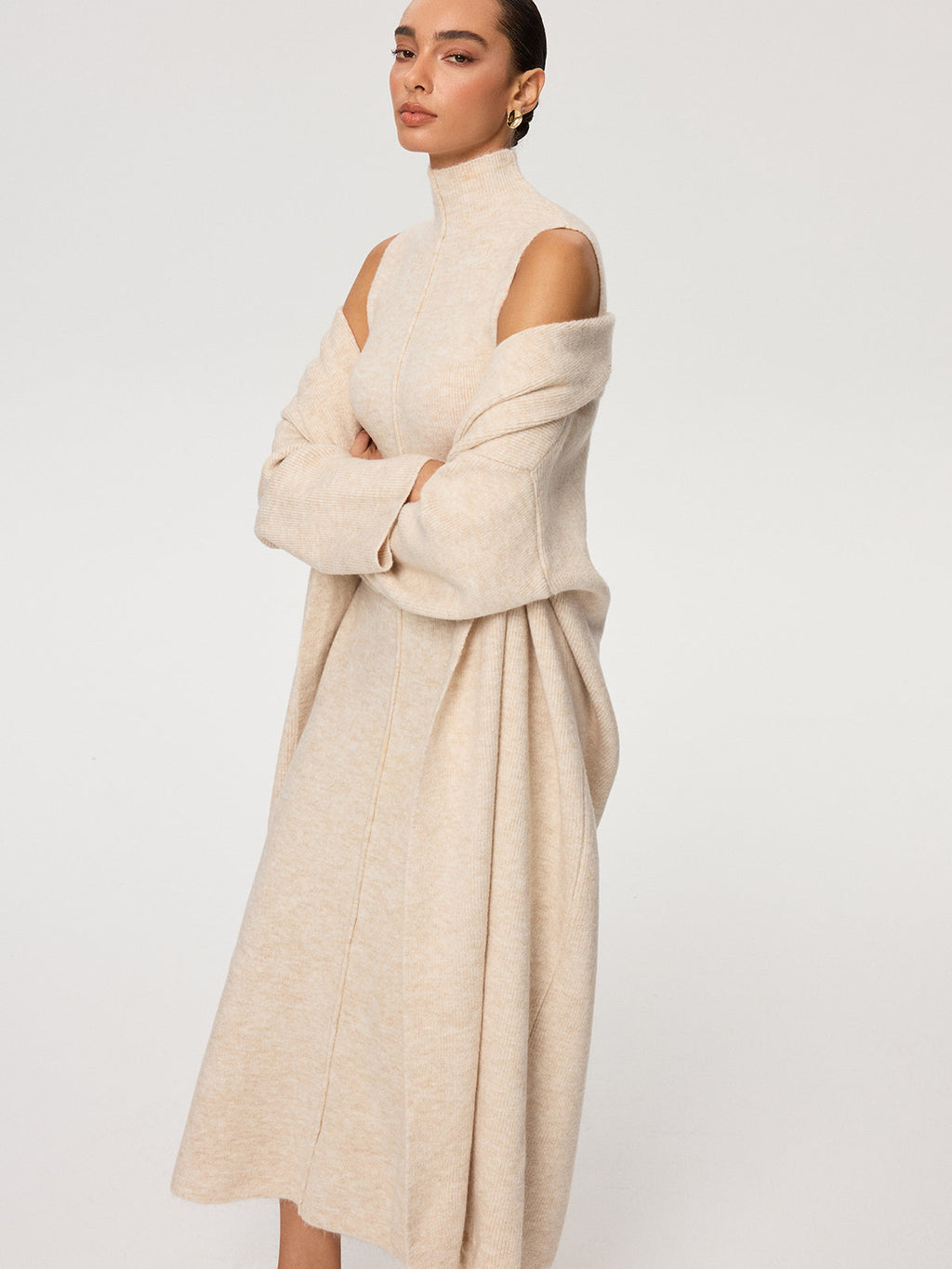 Knit Vest and Turtleneck Dress Set in Beige — Svelte Chic