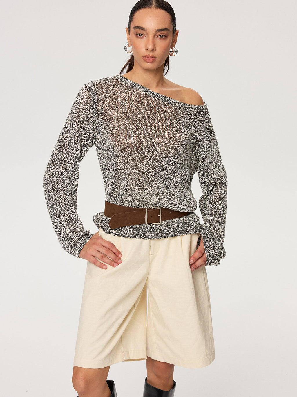 Off Shoulder Belted Knit Sweater — Svelte Chic