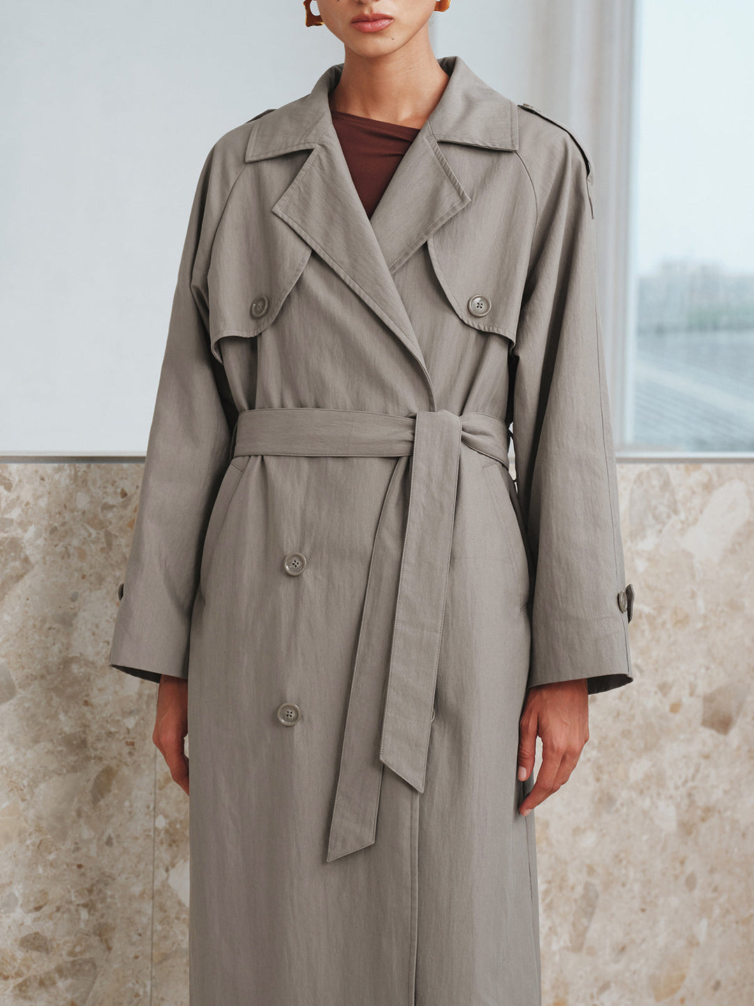 Kumaş Oversize Uzun Trençkot Kemeriyle