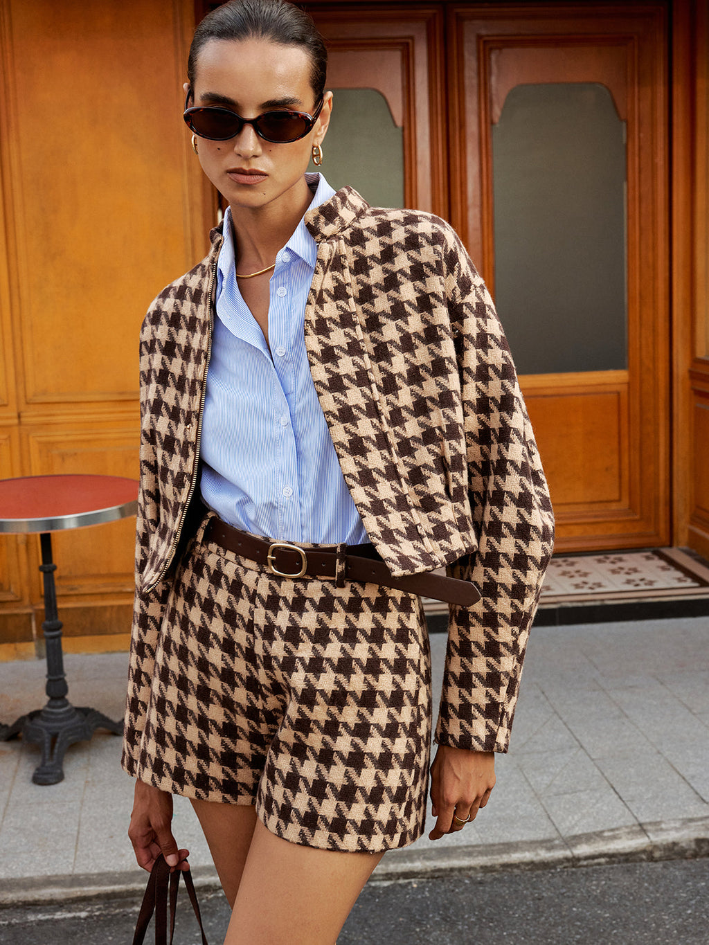 Houndstooth Stand Collar Jacket in Brown — Svelte Chic