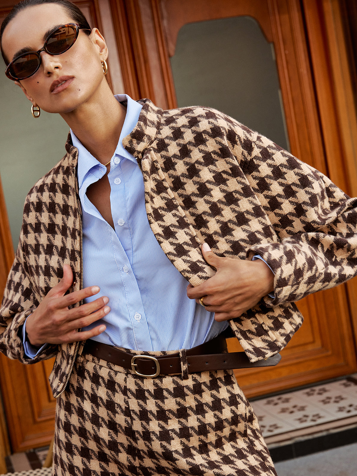 Houndstooth Stand Collar Jacket — Svelte Chic