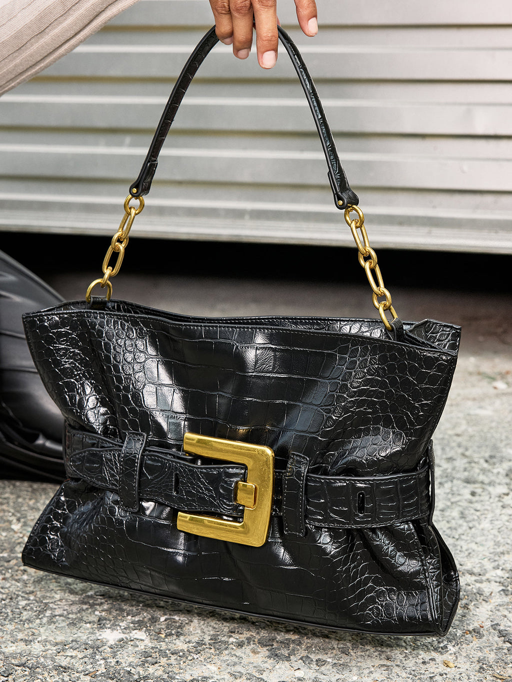 Belted Croc Pattern Tote Bag in Black — Svelte Chic