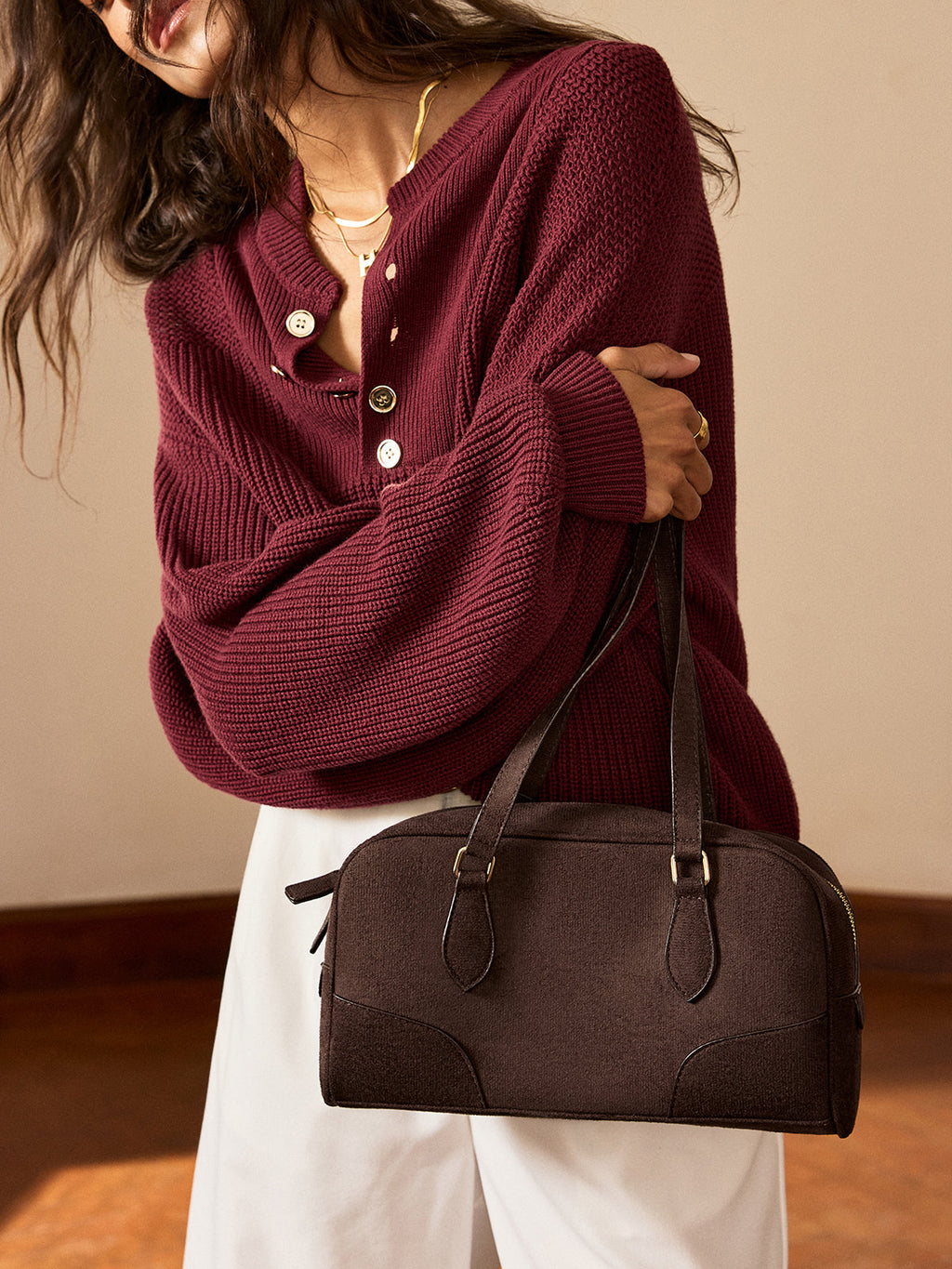 Retro Suede Effect Handbag in Brown — Svelte Chic