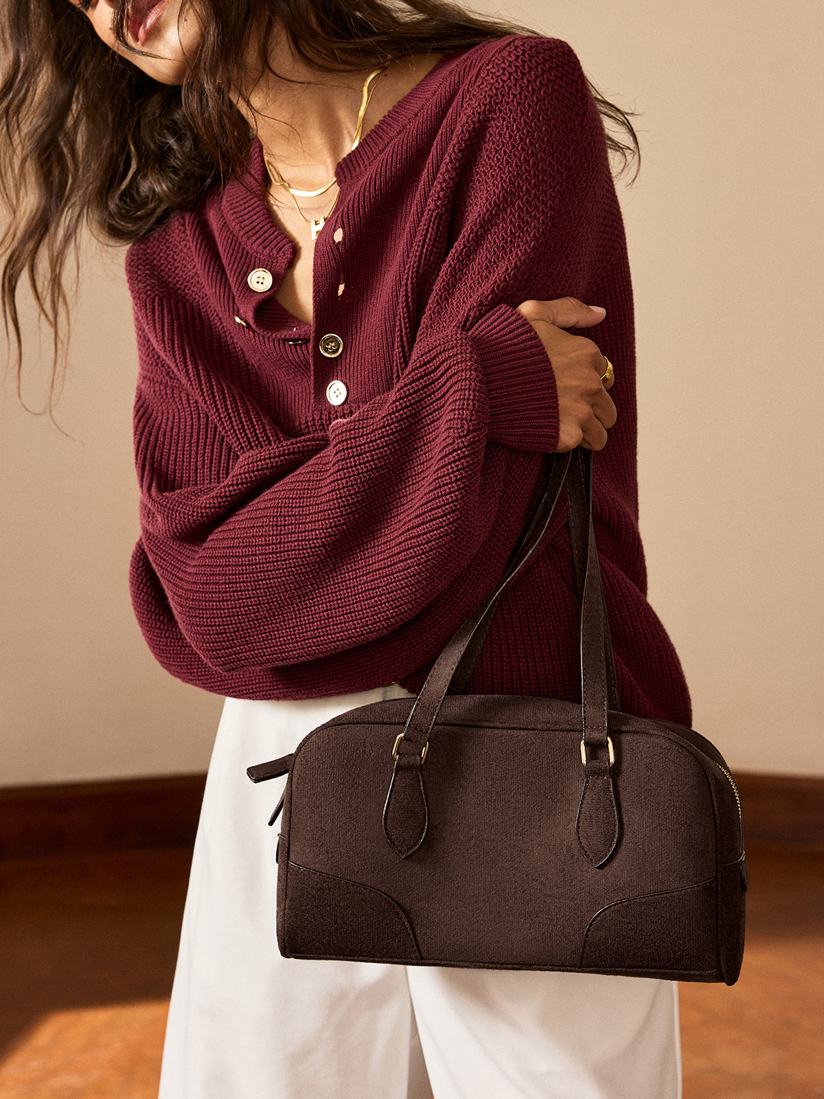 Retro Suede Effect Handbag in Brown — Svelte Chic