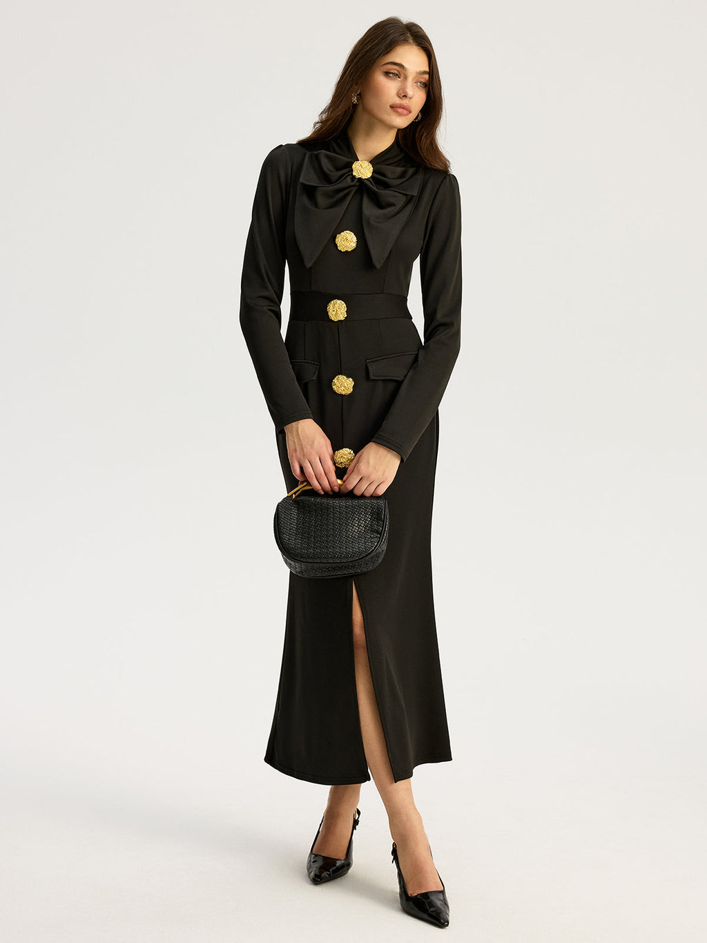 Metal Button Crew Neck Maxi Dress in Black — Svelte Chic
