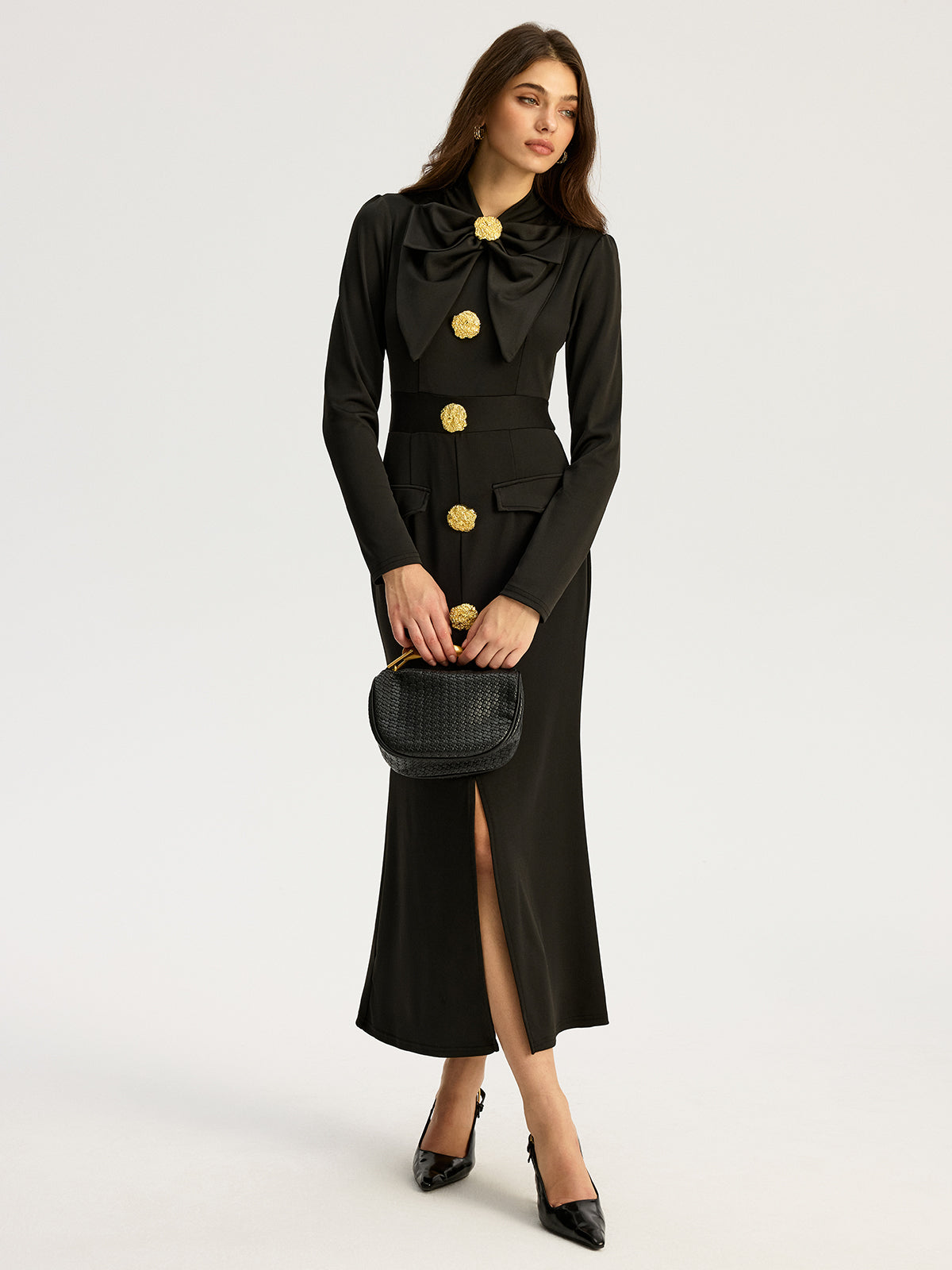 Metal Button Crew Neck Maxi Dress in Black — Svelte Chic