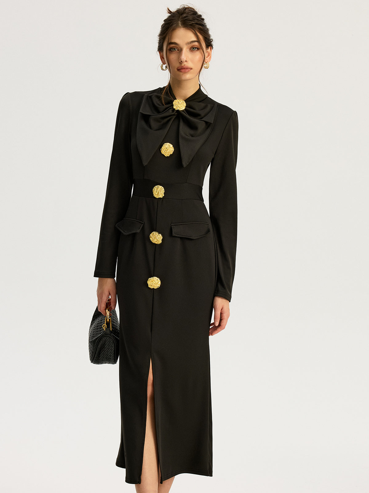 Metal Button Crew Neck Maxi Dress — Svelte Chic