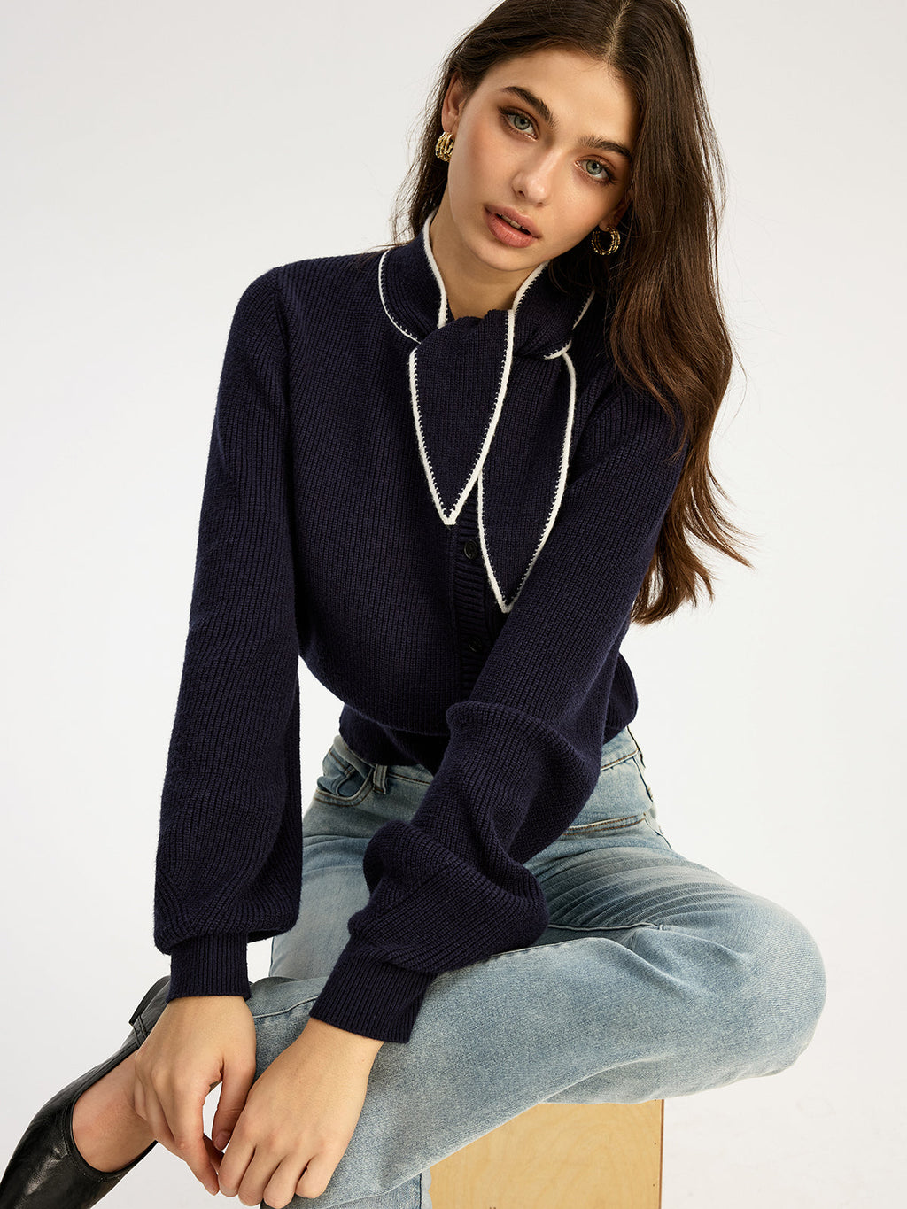 Scarf Neck Button Knit Top in Navy — Svelte Chic