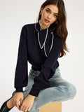 Scarf Neck Button Knit Top in Navy — Svelte Chic