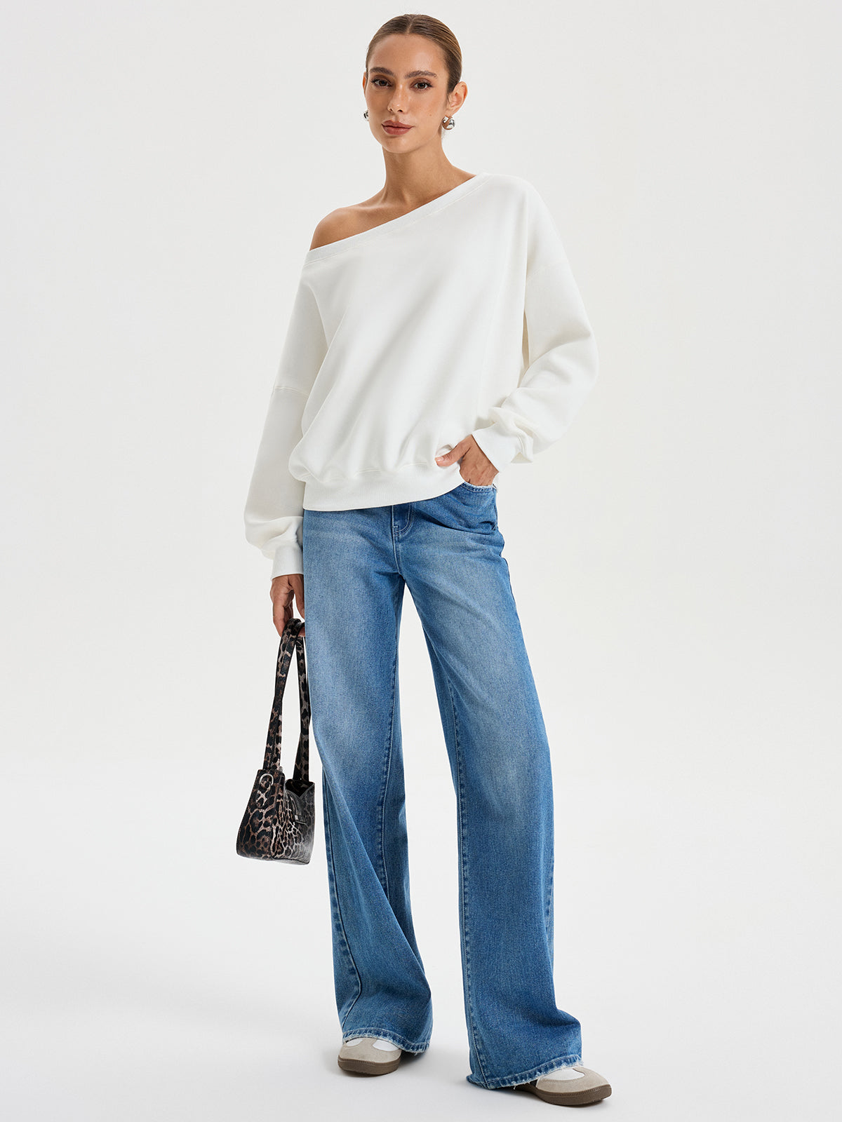 Off Shoulder Oversized Sweatshirt in White — Svelte Chic
