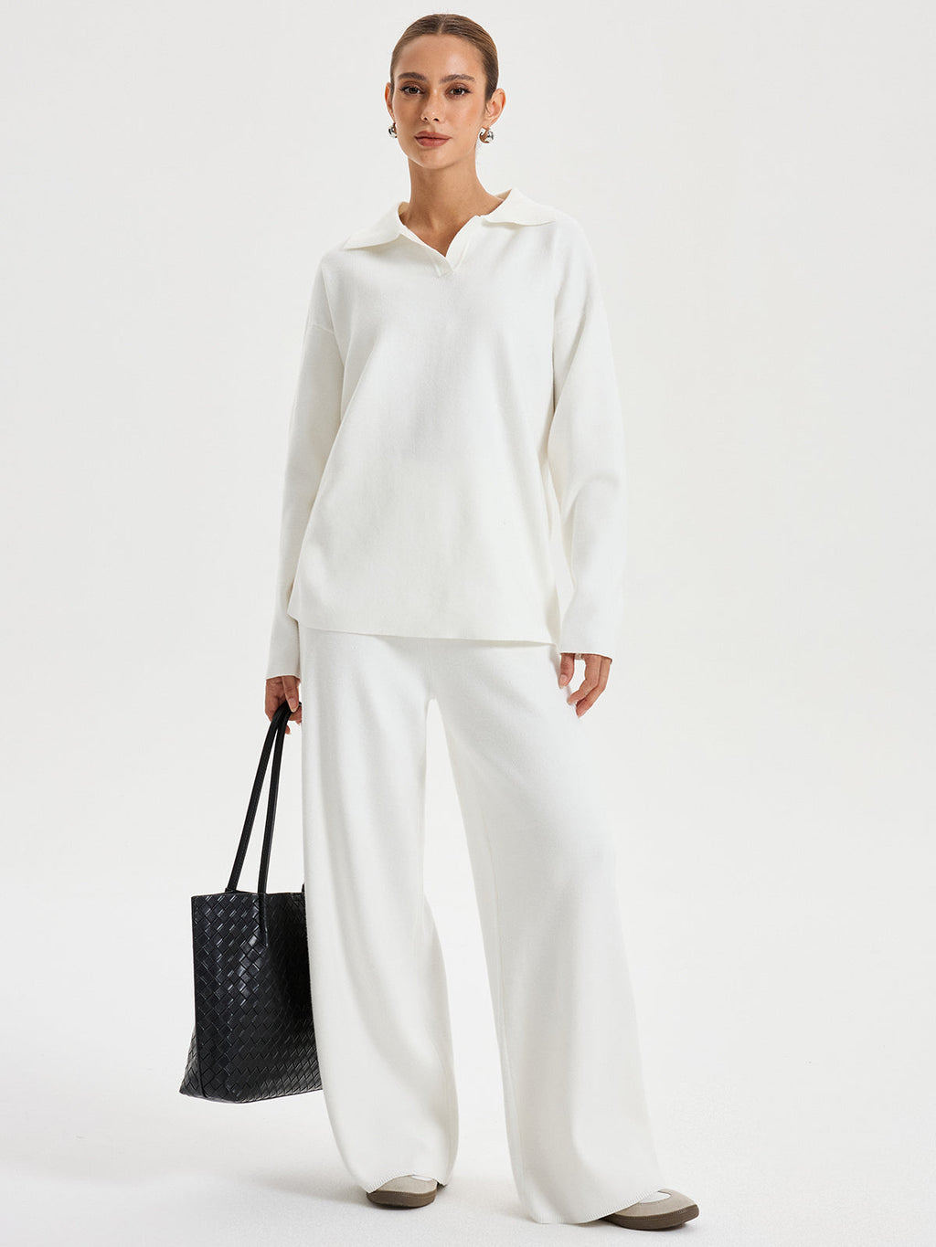 Oversized Polo Knit Set in Sol-İsviçreli Beyaz — Svelte Chic