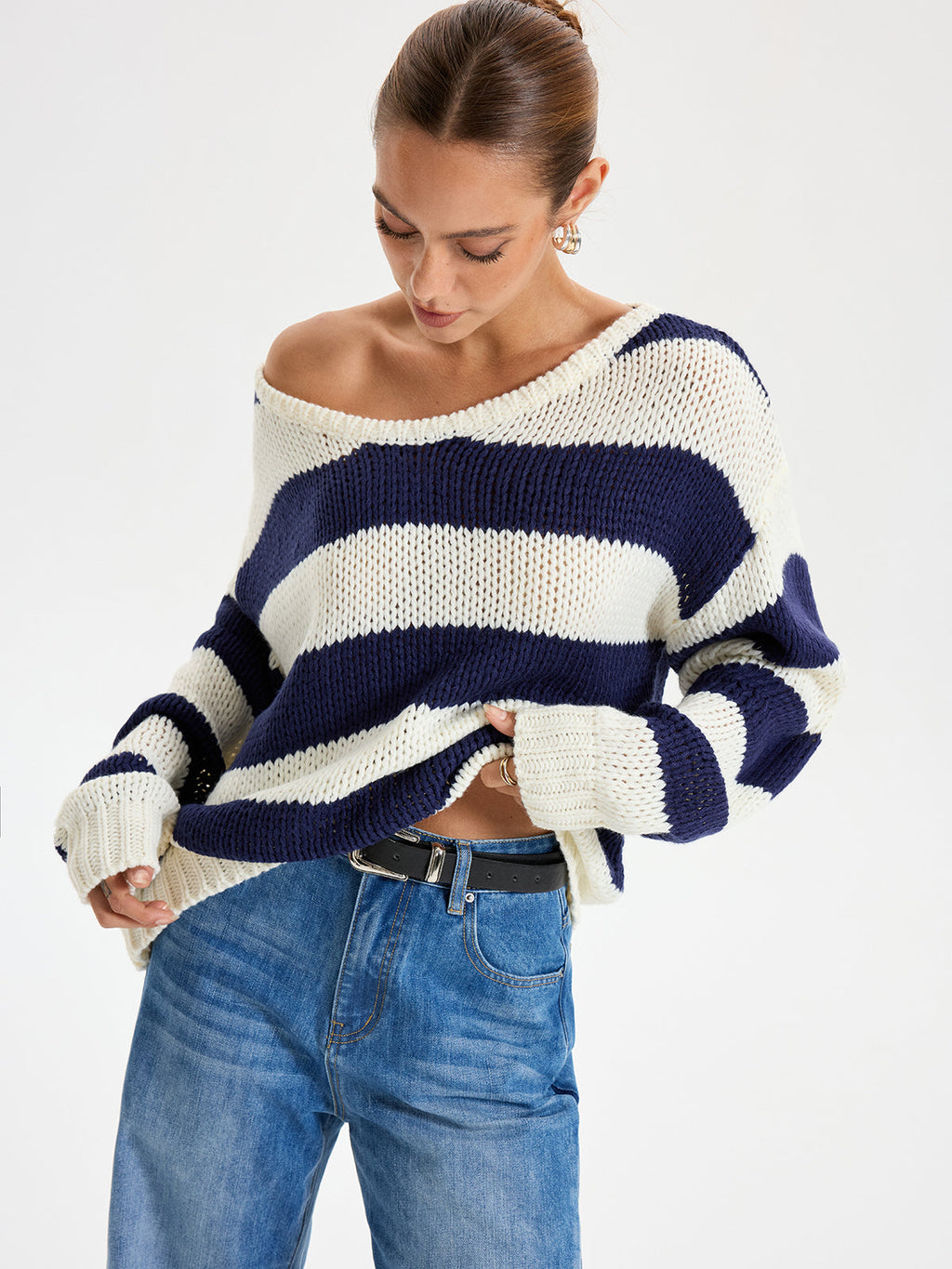 Oversized Striped Knit Sweater in Navy — Svelte Chic