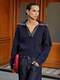 Studded Collar Wool Blend Sweater in Navy — Svelte Chic