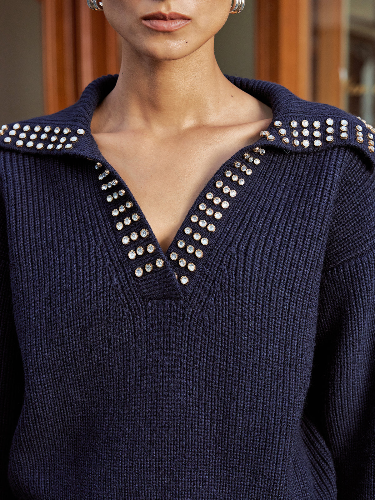 Studded Collar Wool Blend Sweater — Svelte Chic