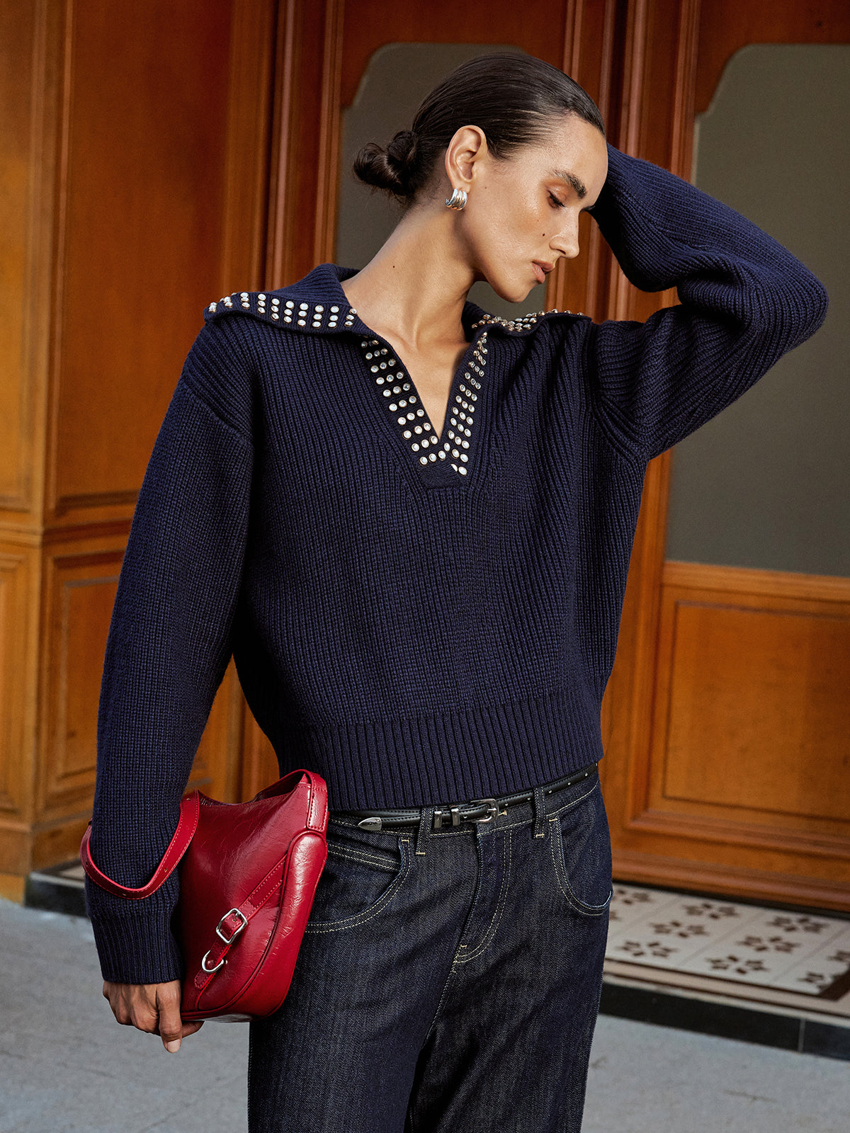 Studded Collar Wool Blend Sweater — Svelte Chic