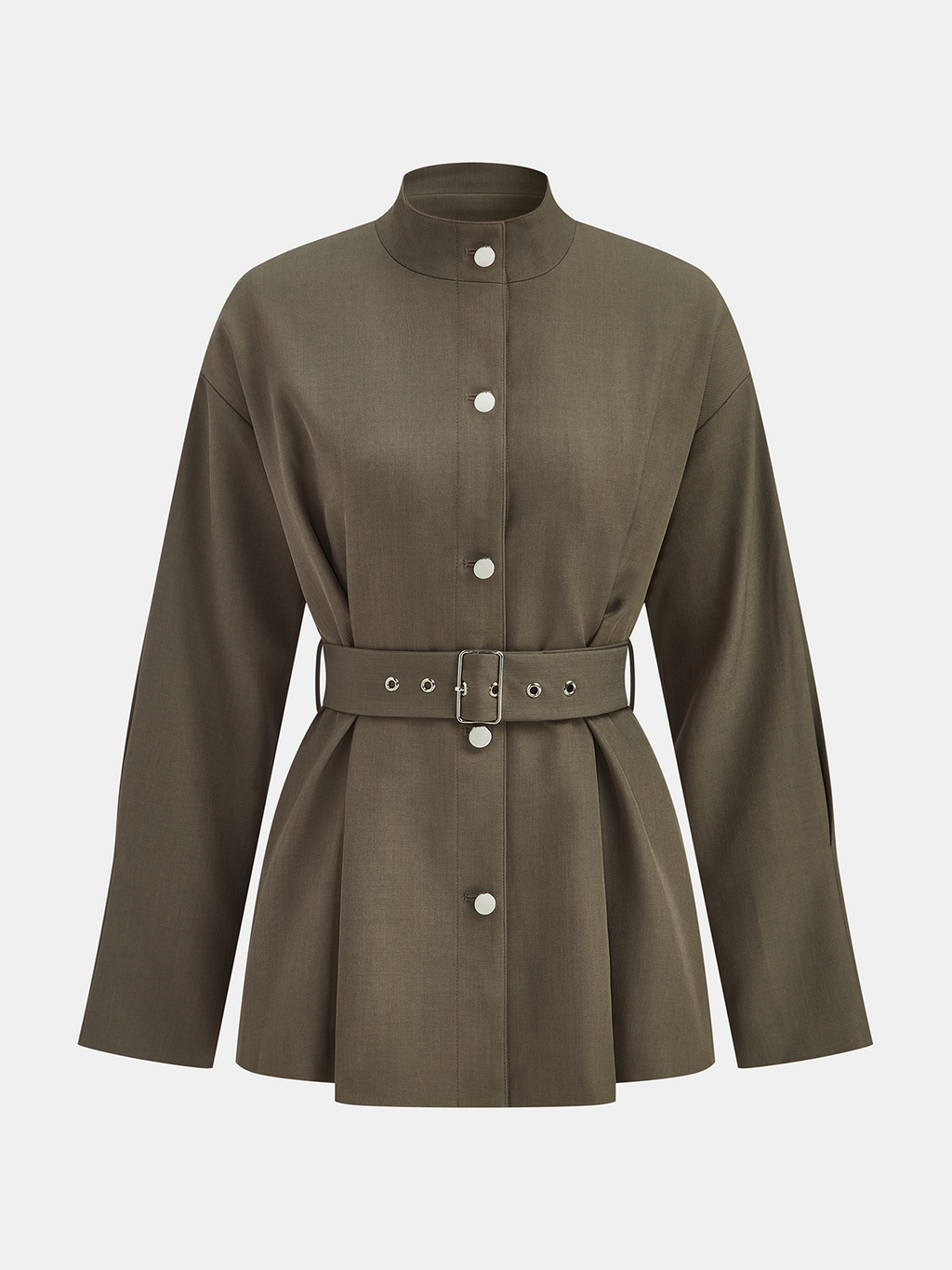 Stand Collar Belted Trench Coat in Khaki — Svelte Chic