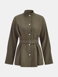 Stand Collar Belted Trench Coat in Khaki — Svelte Chic