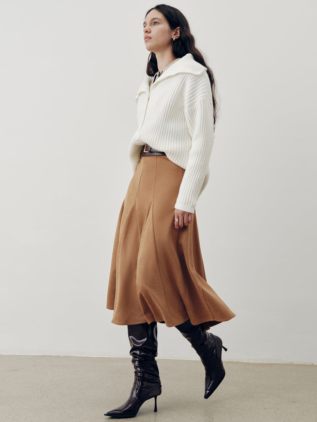 Suede Effect A-Line Maxi Skirt in Khaki — Svelte Chic