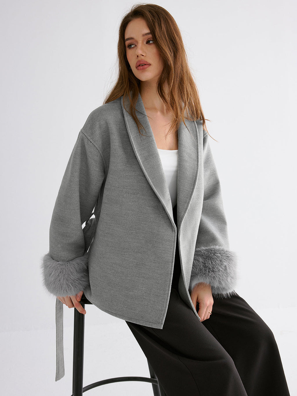 Faux Fur Collar Belted Trench Coat in Grey — Svelte Chic