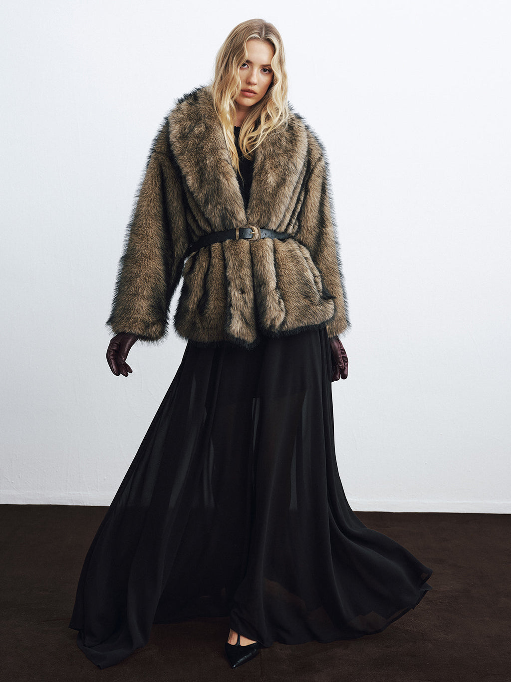 Faux Fur Belted Coat in Brown — Svelte Chic