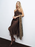 Lace Trim Satin Backless Midi Dress in Dark Brown — Svelte Chic