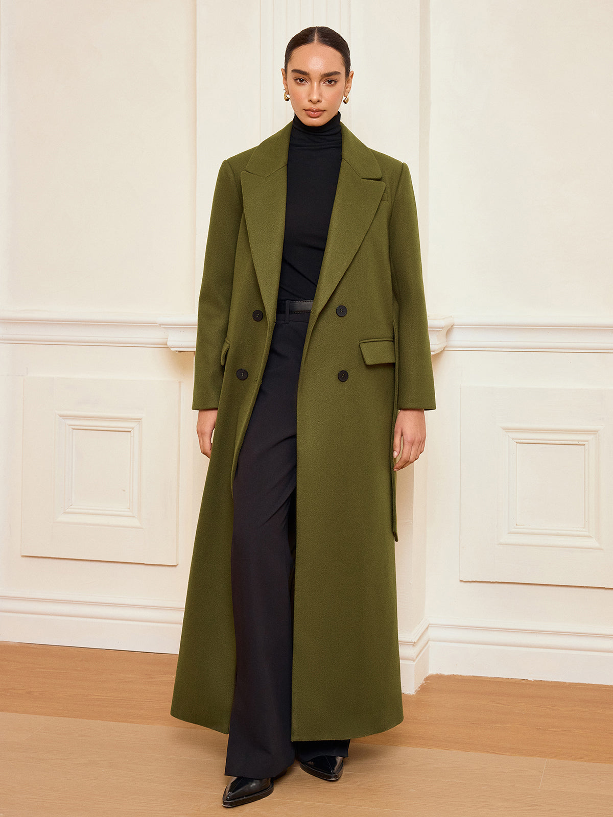 Double Breasted Belted Tweed Coat in Green — Svelte Chic