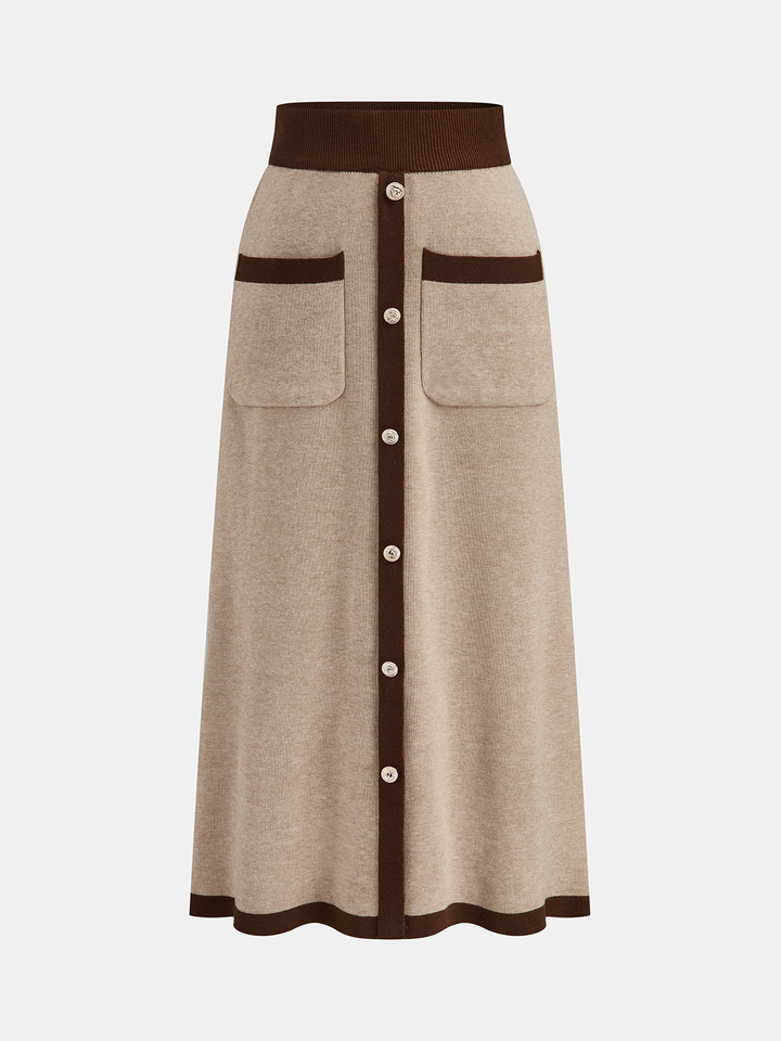 Kontrast Kenar Dikişli Jakarlı Üst ve Midi Etek Takımı