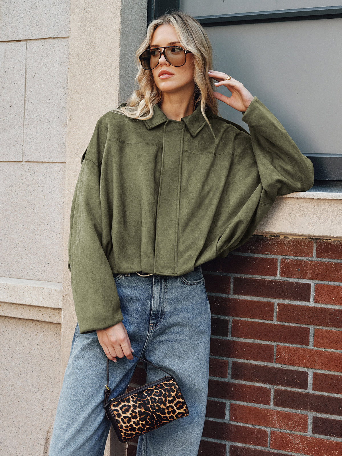 Zip Collar Suede Effect Jacket in Green — Svelte Chic