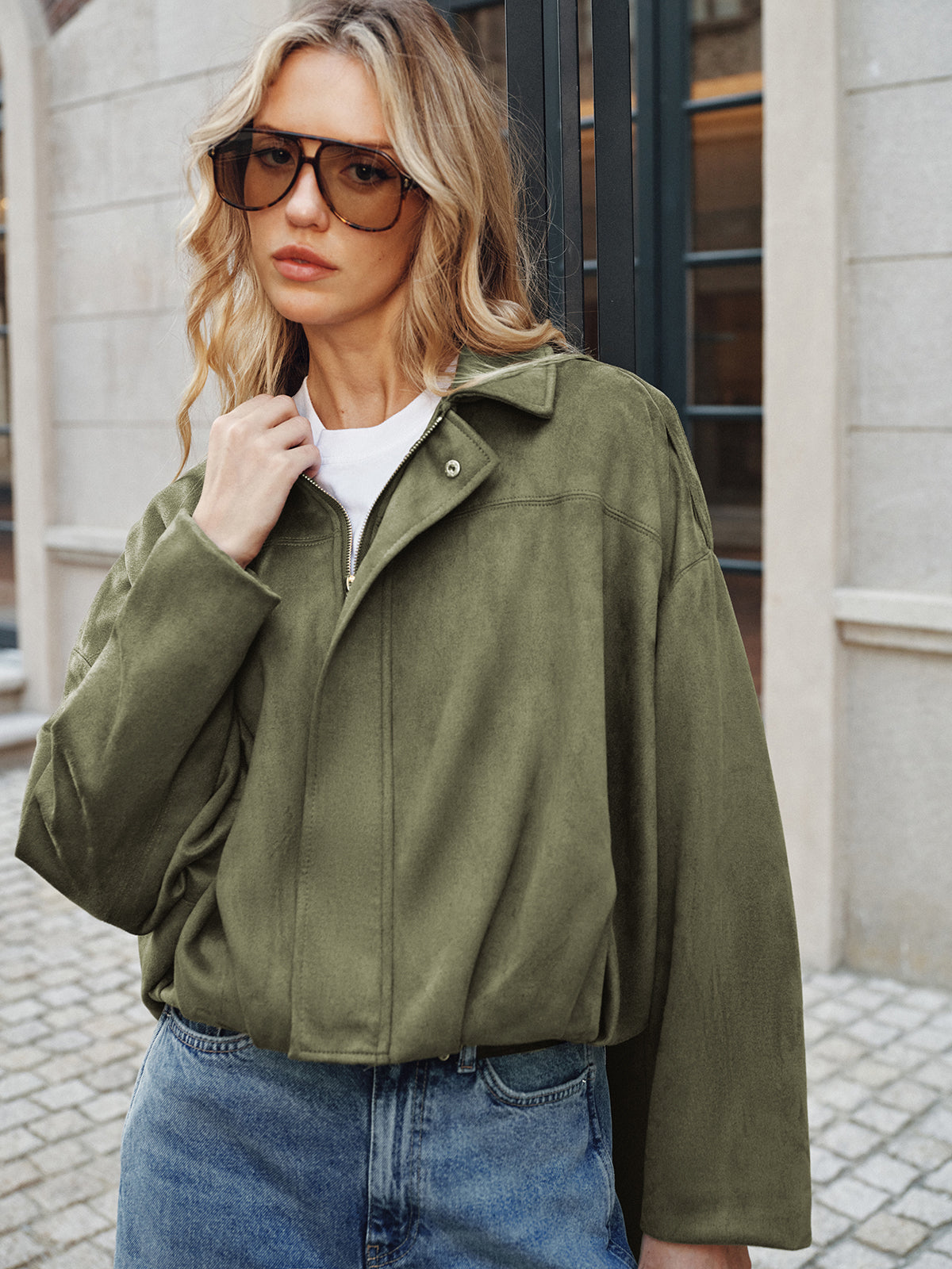 Zip Collar Suede Effect Jacket — Svelte Chic