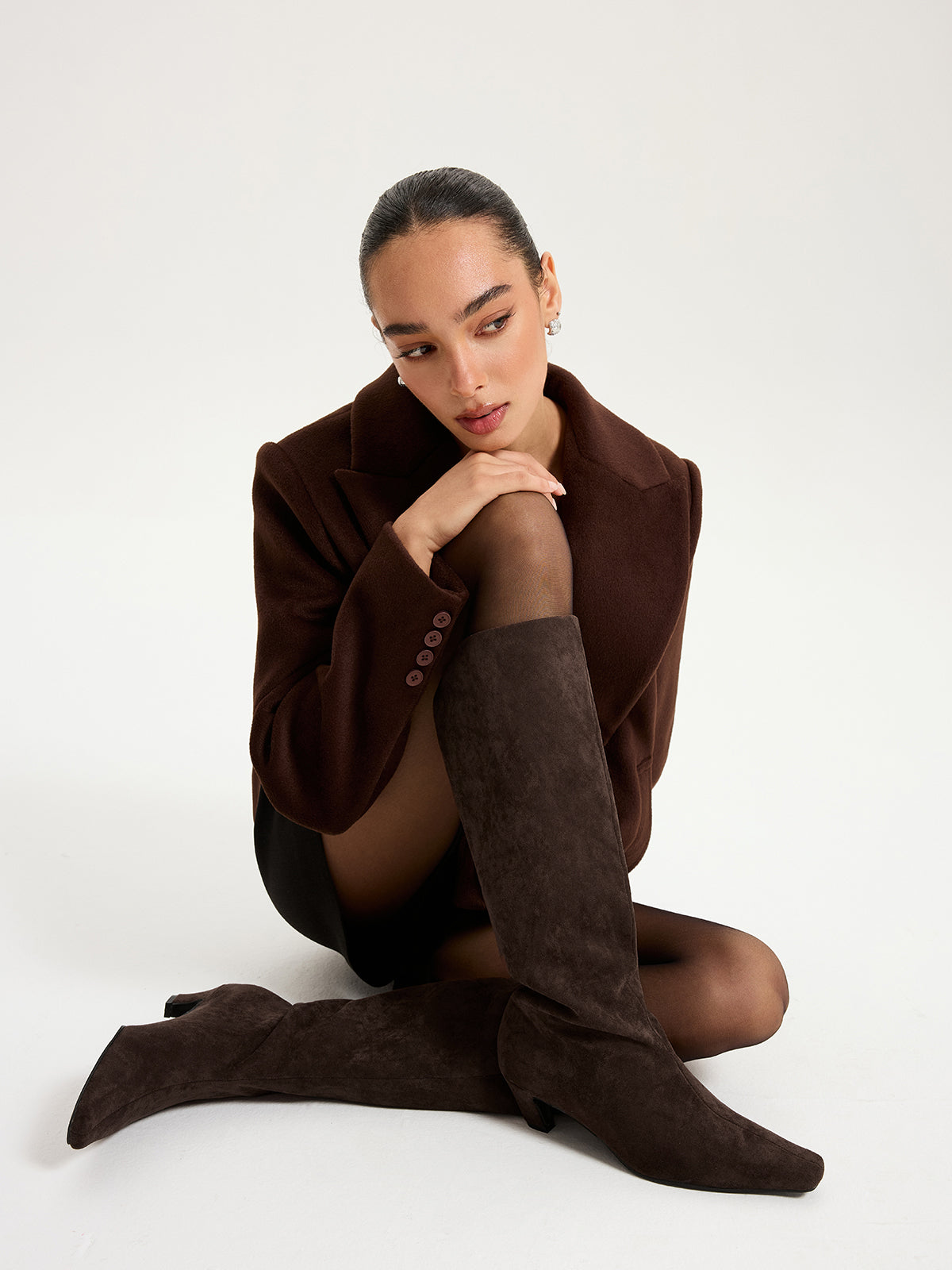 Faux Suede Knee High Boots in Dark Brown — Svelte Chic