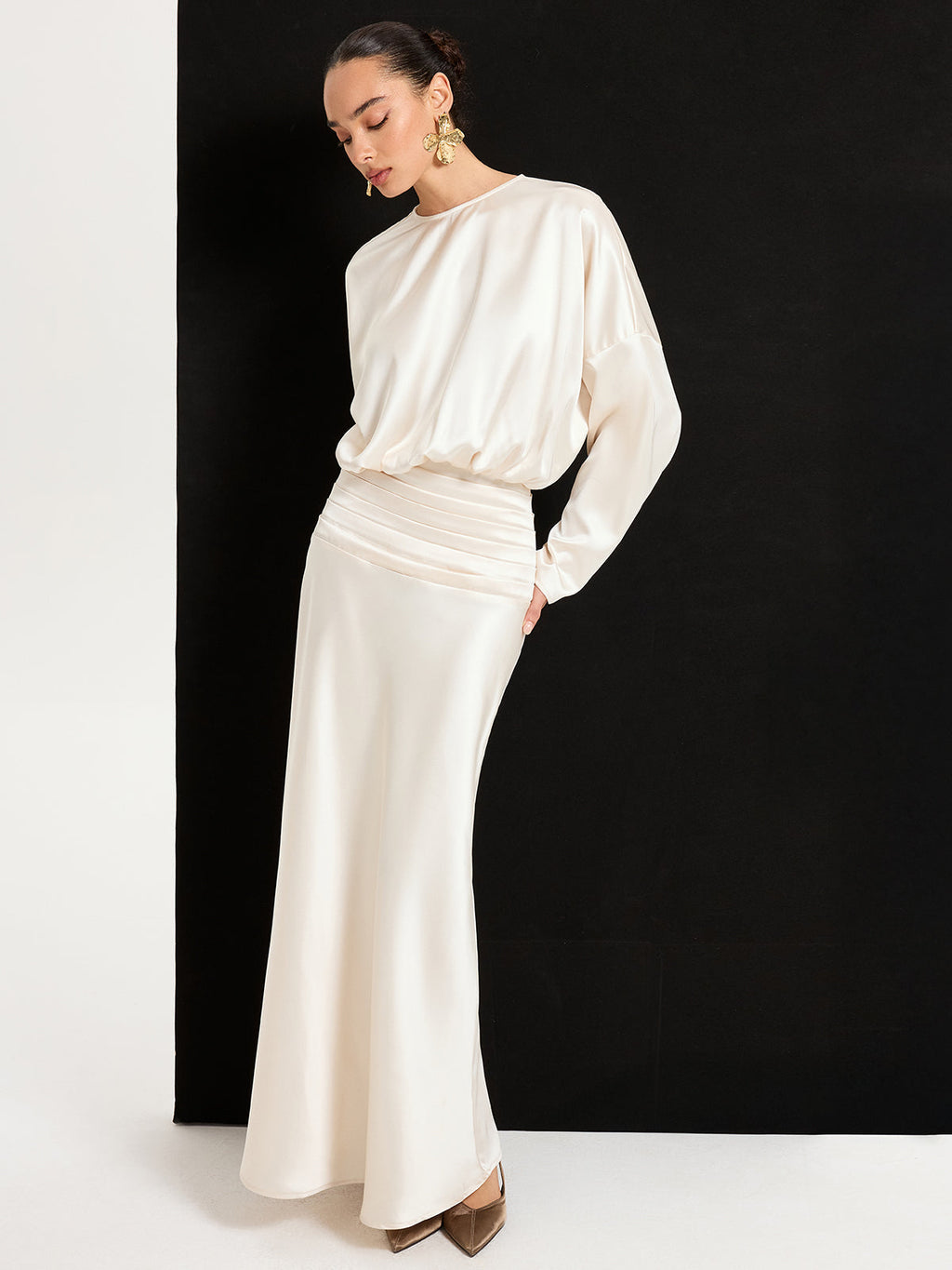Satin Crew Neck Maxi Dress in Champagne — Svelte Chic