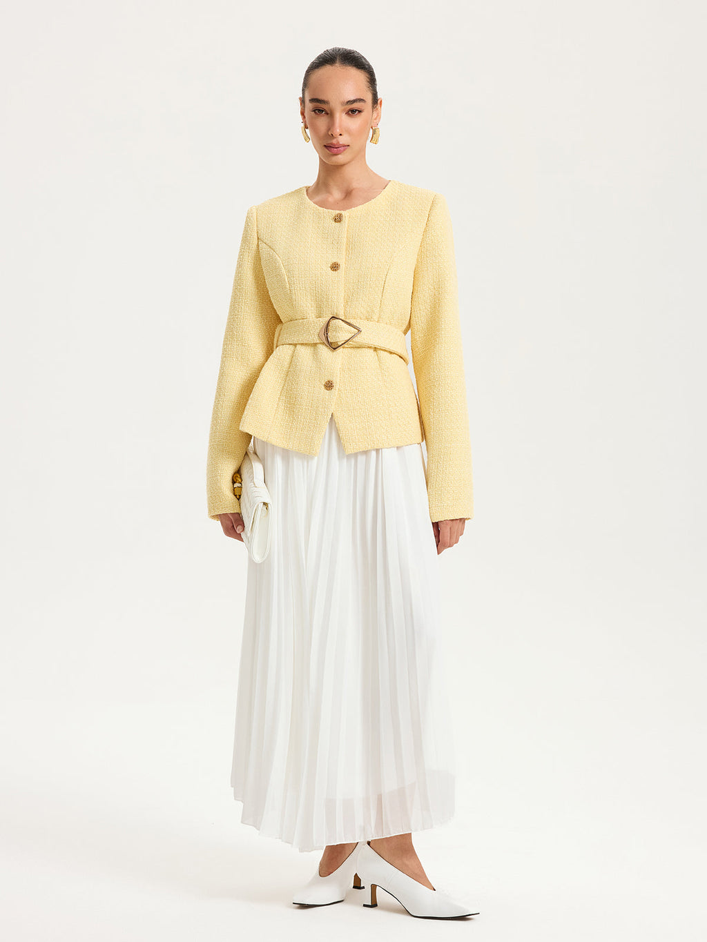 Tweed Belted Button Blazer in Yellow — Svelte Chic