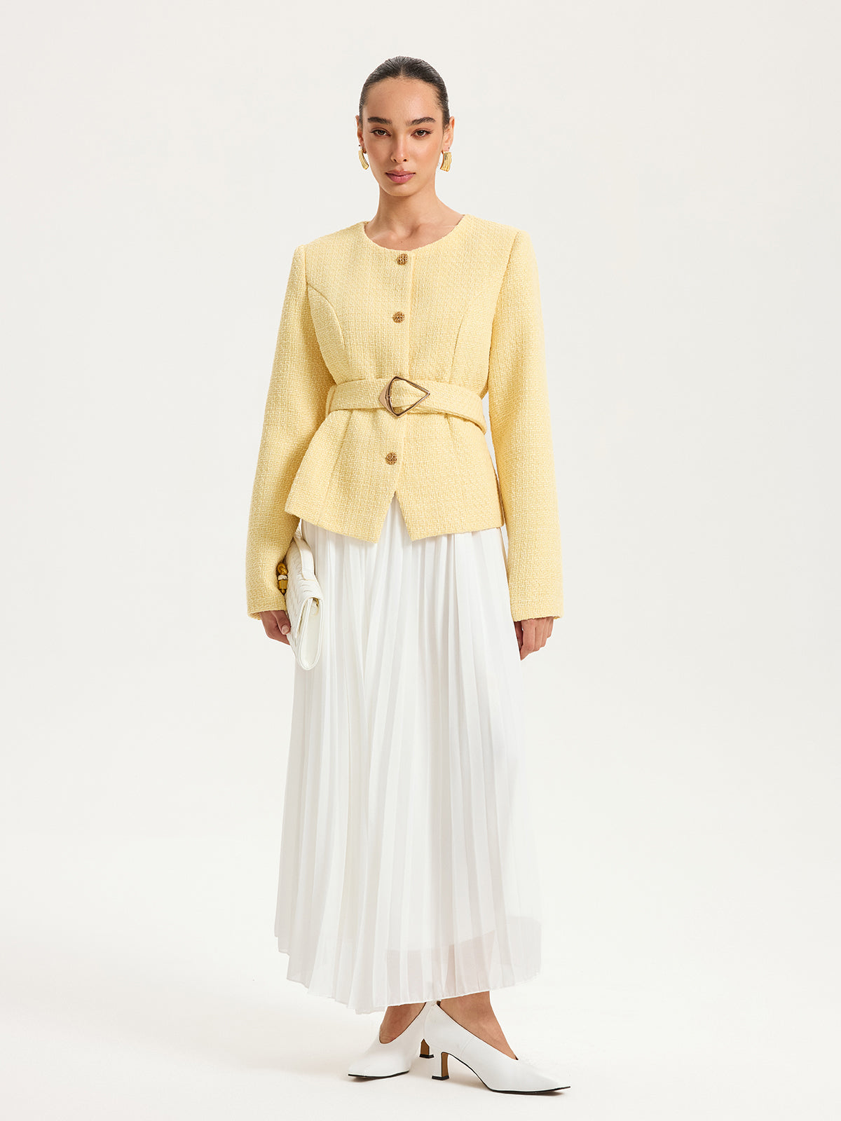 Tweed Belted Button Blazer in Yellow — Svelte Chic
