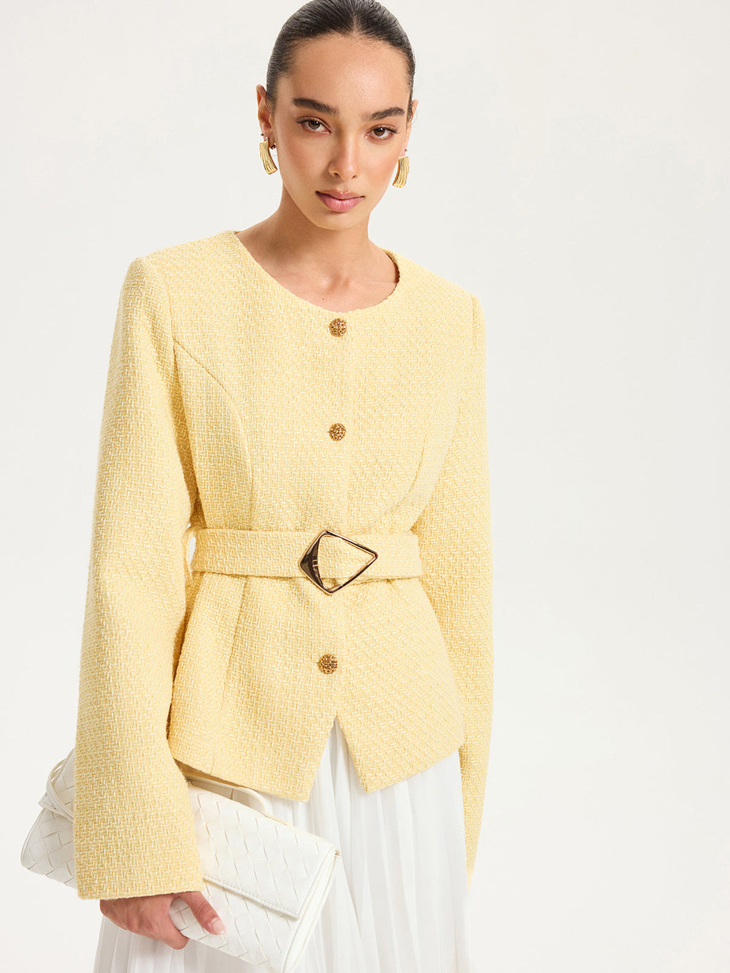 Tweed Belted Button Blazer — Svelte Chic
