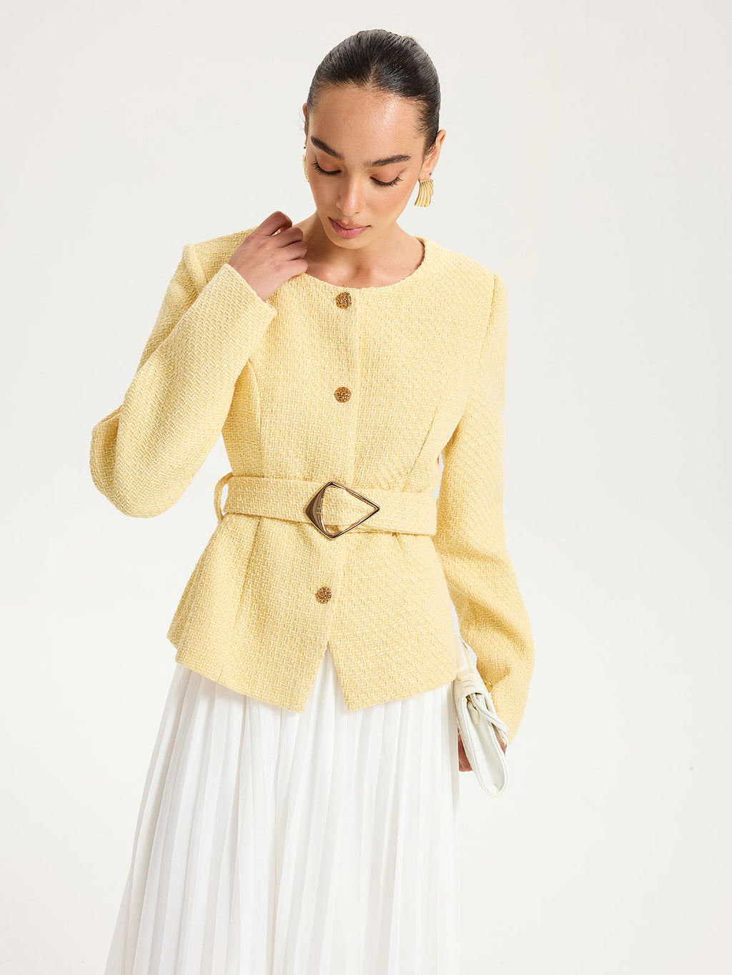 Tweed Belted Button Blazer — Svelte Chic