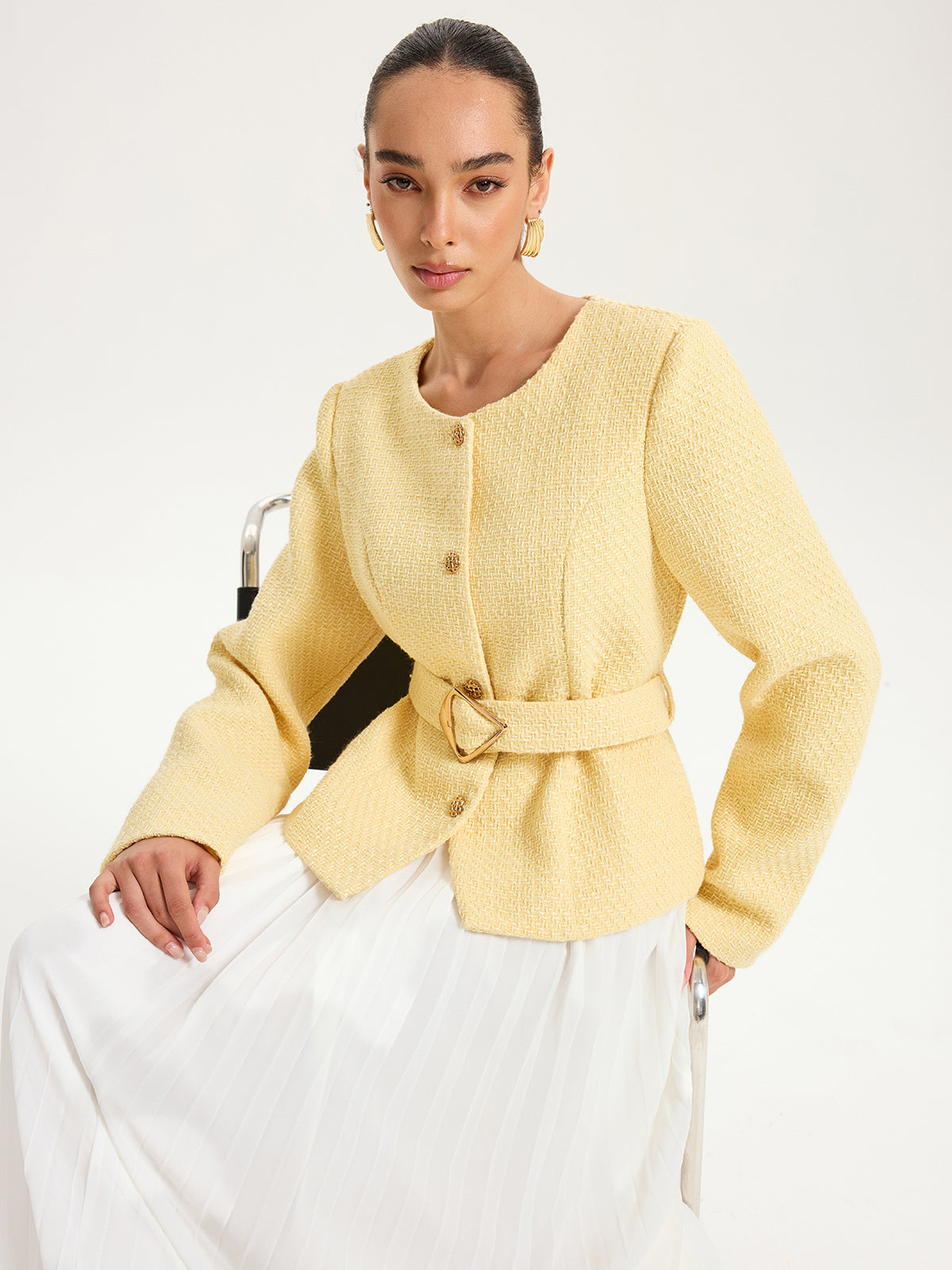 Tweed Belted Button Blazer — Svelte Chic