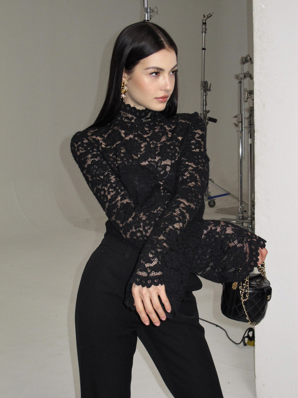 Lace High Neck Bell Sleeve Blouse — Svelte Chic