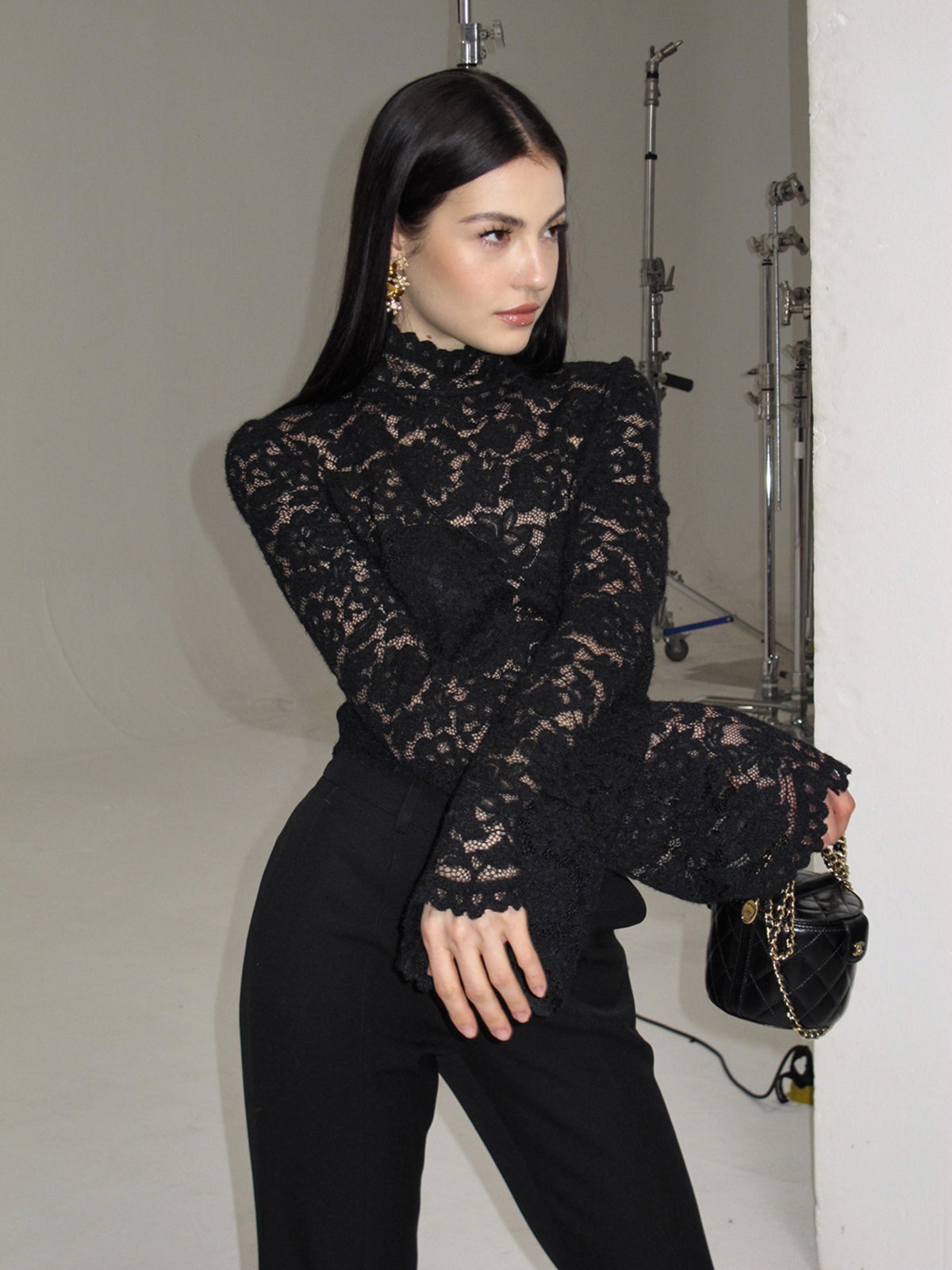 Lace High Neck Bell Sleeve Blouse — Svelte Chic