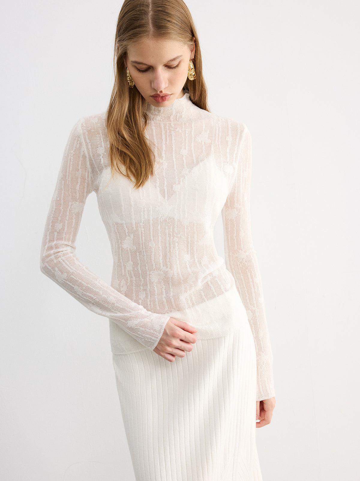 Lace Detail Wool Turtleneck Top in White — Svelte Chic